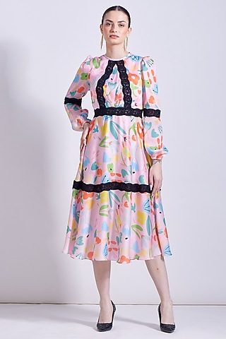 Powder Pink Linen Satin Georgette Printed Midi Dress by Zosia