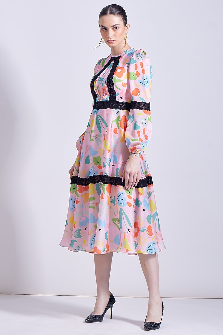 Powder Pink Linen Satin Georgette Printed Midi Summer Dress by Zosia at Pernia's Pop Up Shop