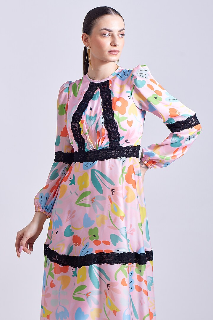 Powder Pink Linen Satin Georgette Printed Midi Summer Dress by Zosia at Pernia's Pop Up Shop