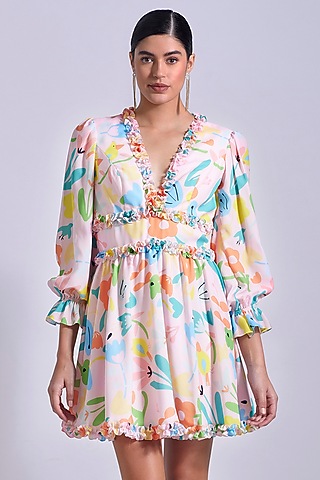 Powder Pink Linen Satin Georgette Printed Mini Dress by Zosia