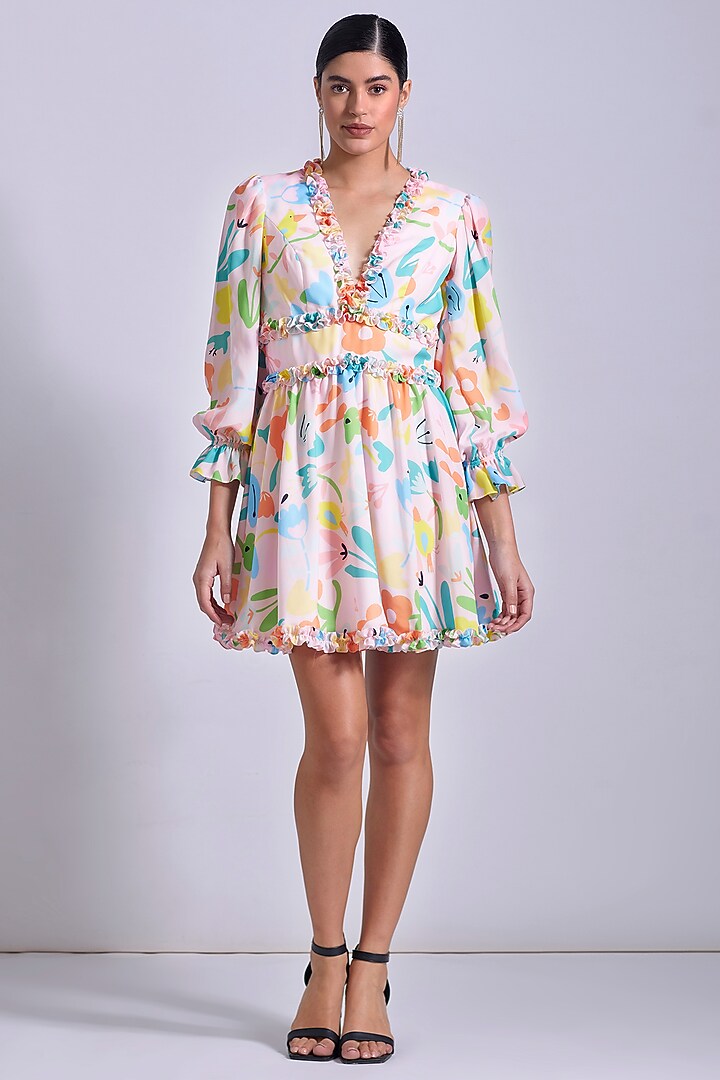 Powder Pink Linen Satin Georgette Printed Mini Summer Dress by Zosia at Pernia's Pop Up Shop