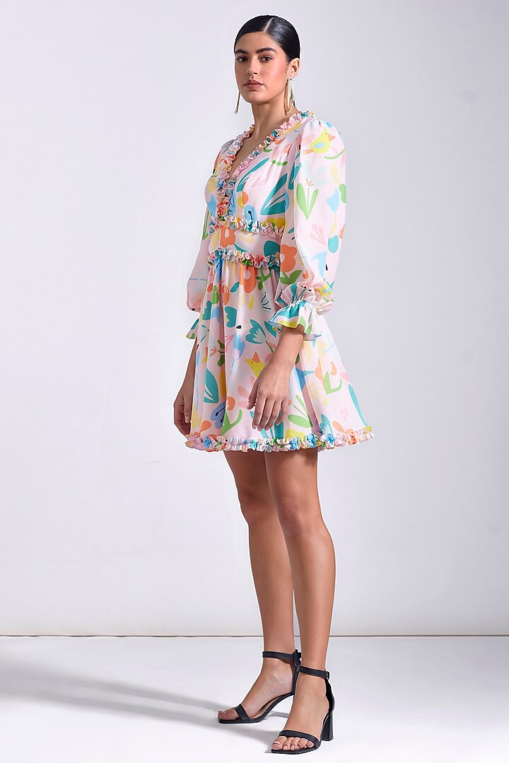 Powder Pink Linen Satin Georgette Printed Mini Summer Dress by Zosia at Pernia's Pop Up Shop