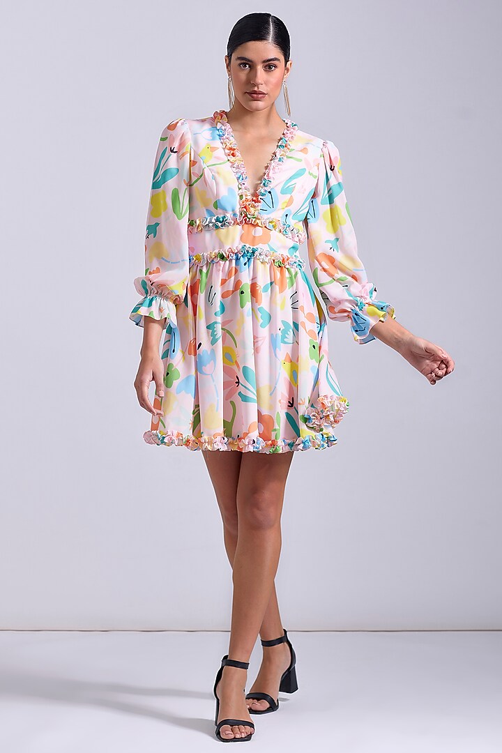 Powder Pink Linen Satin Georgette Printed Mini Summer Dress by Zosia at Pernia's Pop Up Shop
