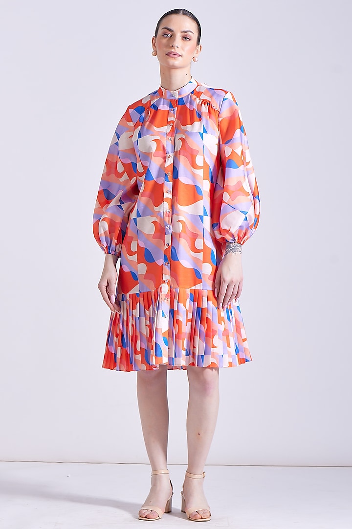 Orange & Blue Linen Satin Pleated Shirt Dress by Zosia at Pernia's Pop Up Shop