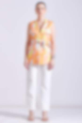 Yellow & Pink Linen Satin Georgette Printed Blazer Set by Zosia at Pernia's Pop Up Shop