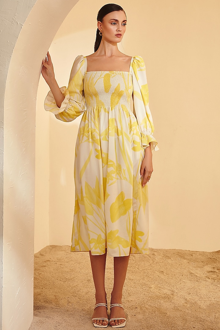 White & Yellow Crepe Printed Dress by Zosia