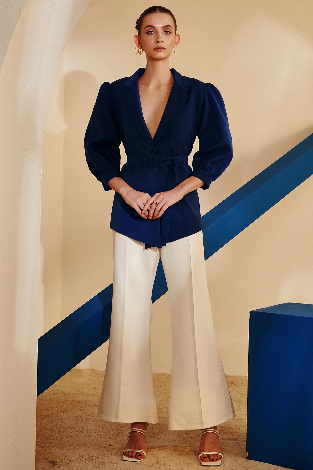 White Crepe Pant Set With Belt by Zosia at Pernia's Pop Up Shop