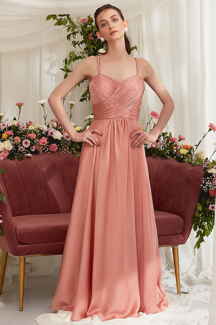 Coral Peach Luxury Crepe Satin Gown by Zosia