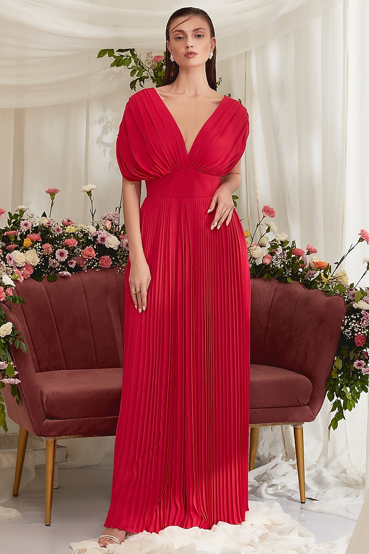 Hot Pink Pleated Jumpsuit In Georgette by Zosia