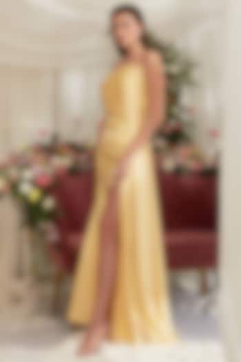 Sunlight Yellow Luxury Crush Satin Draped Dress by Zosia