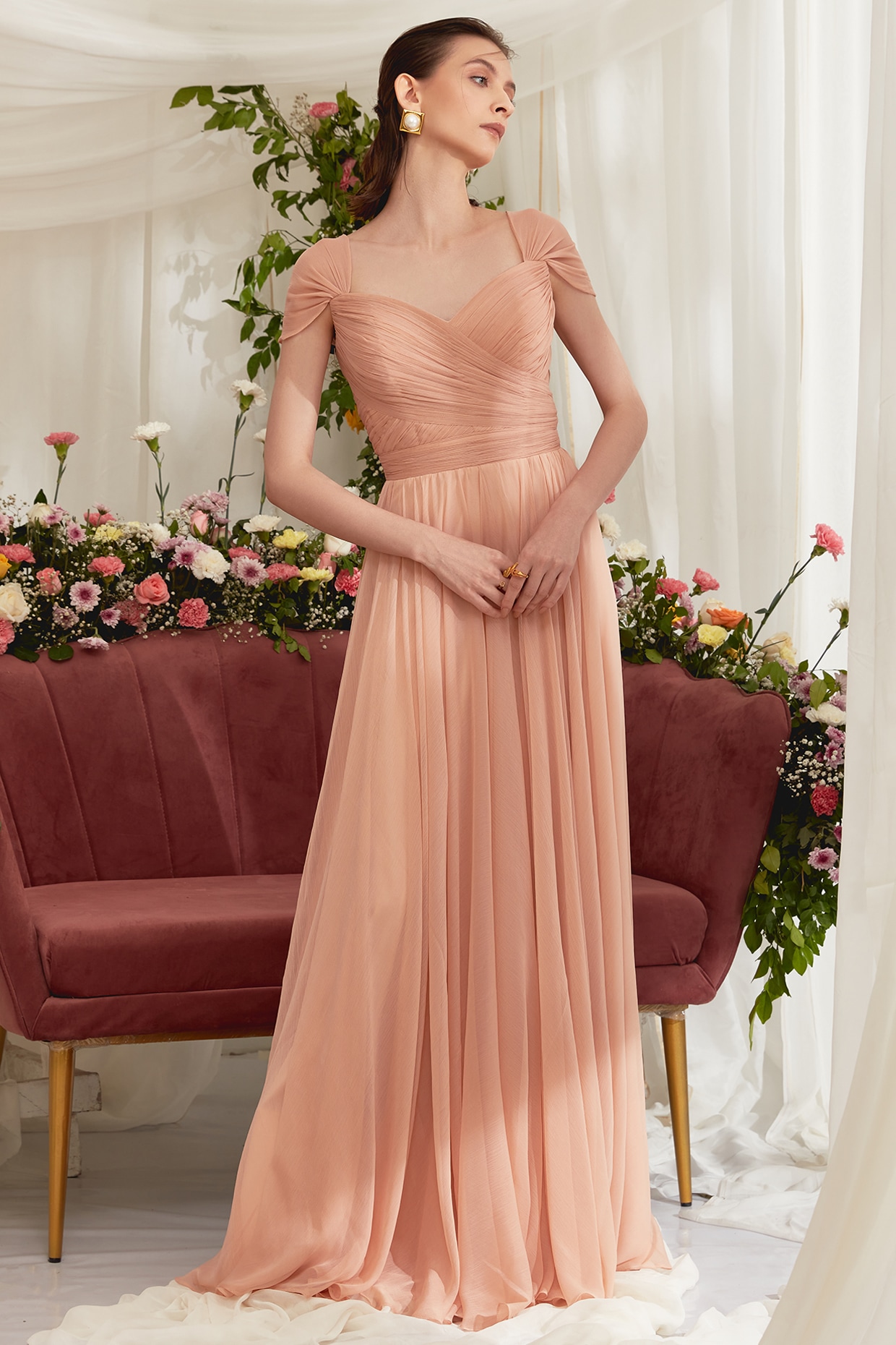 One Shoulder Peach Pink Lace & Chiffon Prom Dress - Promfy