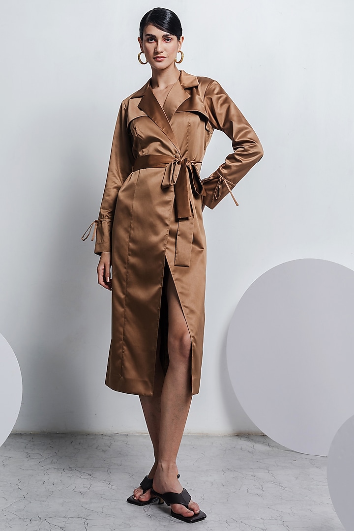 Brown Twill Satin Trench Coat by Zosia