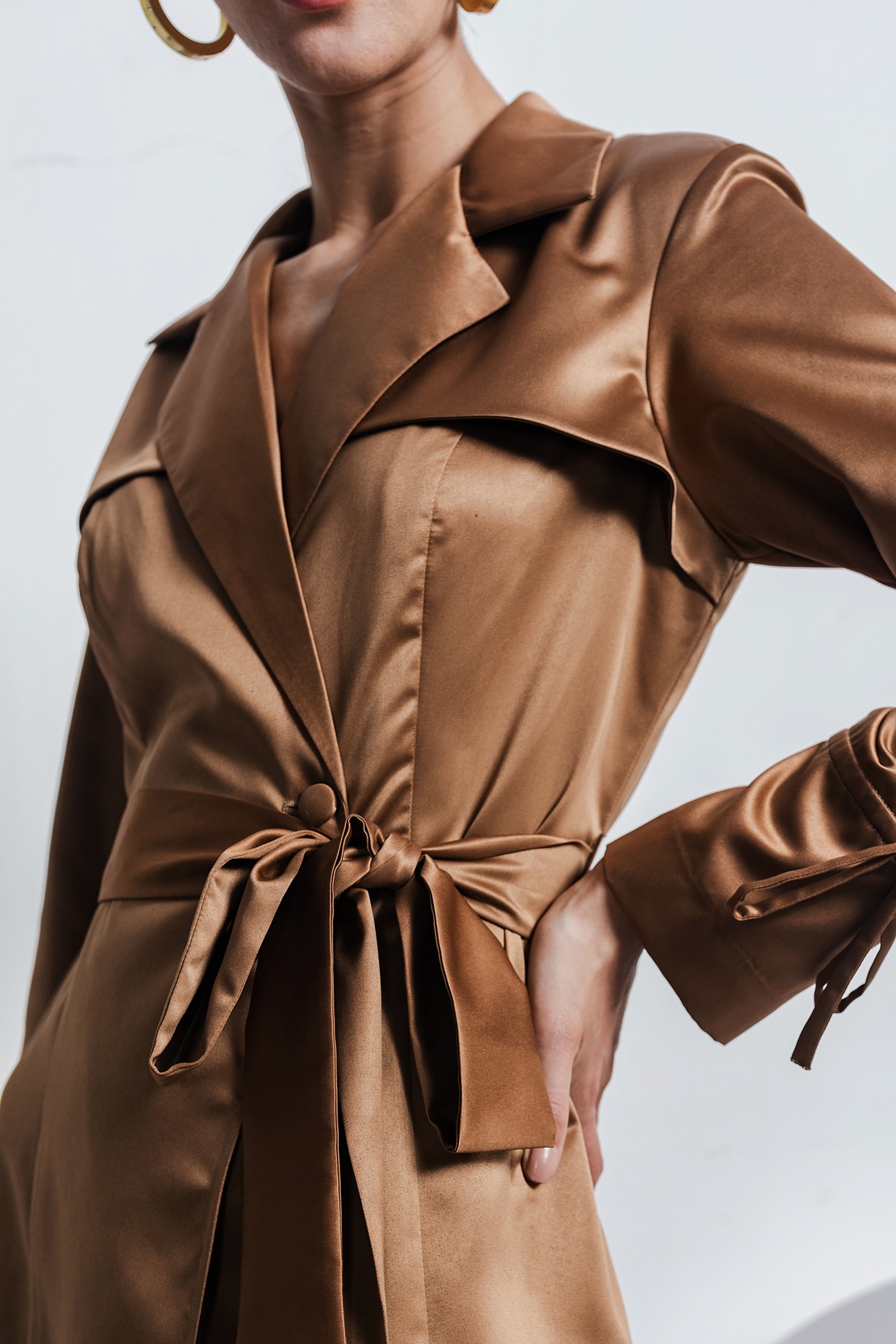 Brown Twill Satin Trench Coat