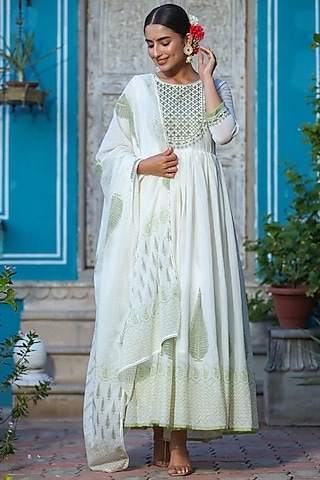 White & Green Printed Anarkali Set by Zolo Label