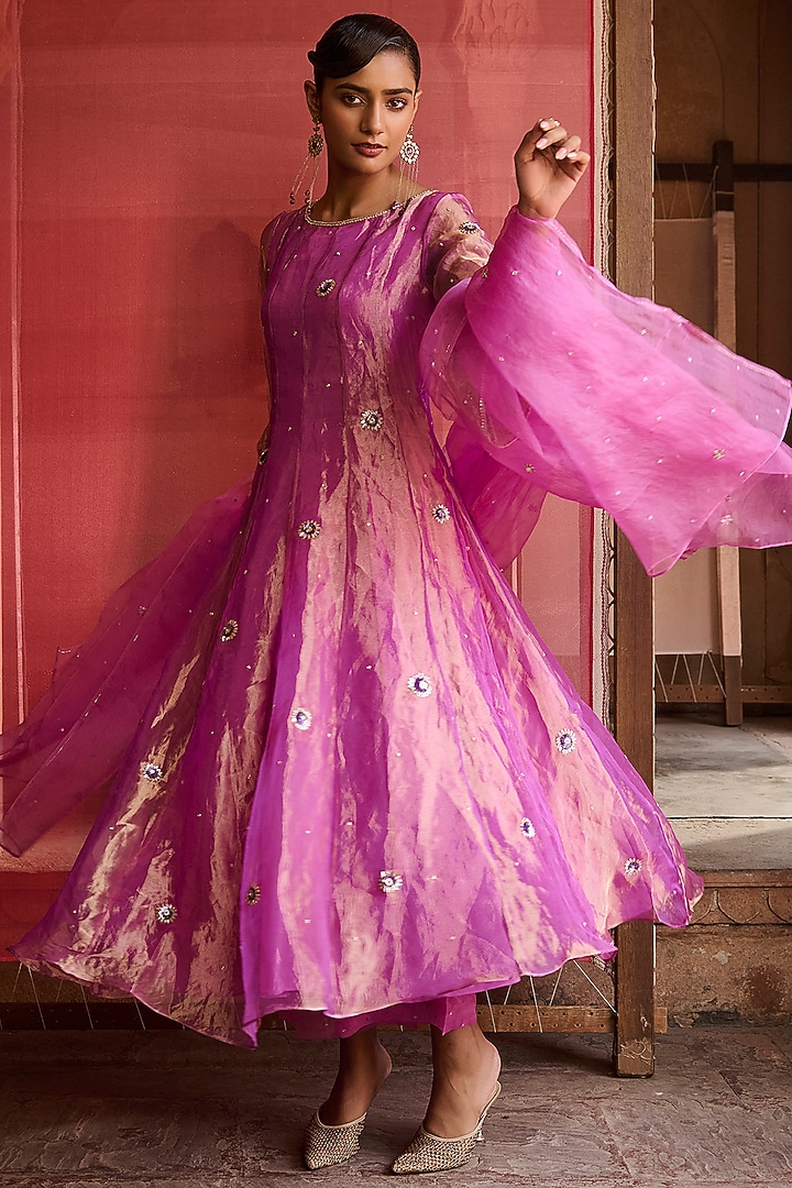 Purple Silk Tissue Embellished Kurta Set by Zoon Tribe at Pernia's Pop Up Shop