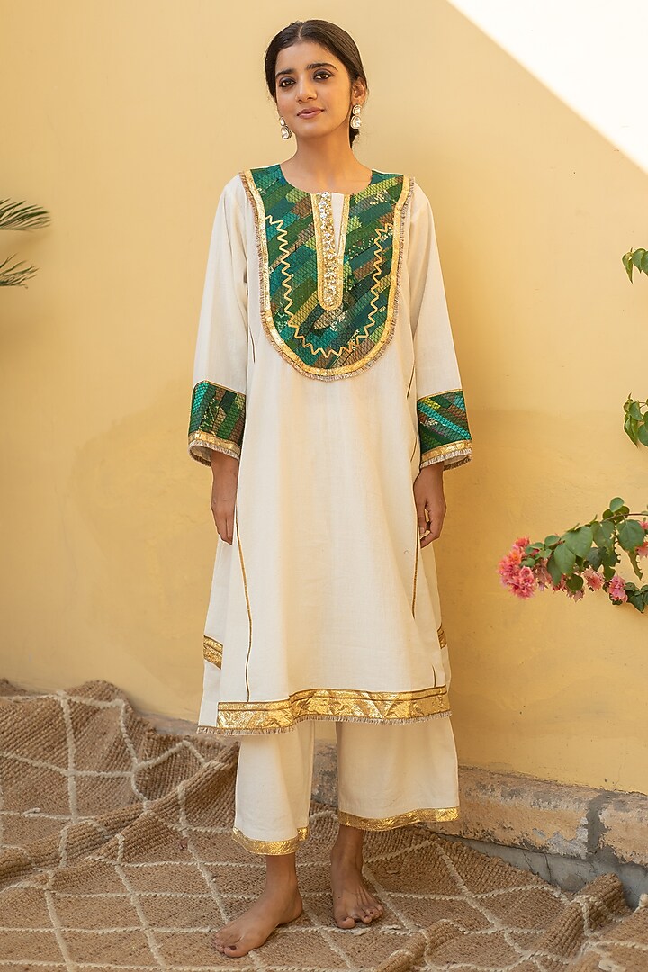 Ivory Organic Cotton Patch Work Kurta Set by Priyanka Raajiv at Pernia's Pop Up Shop