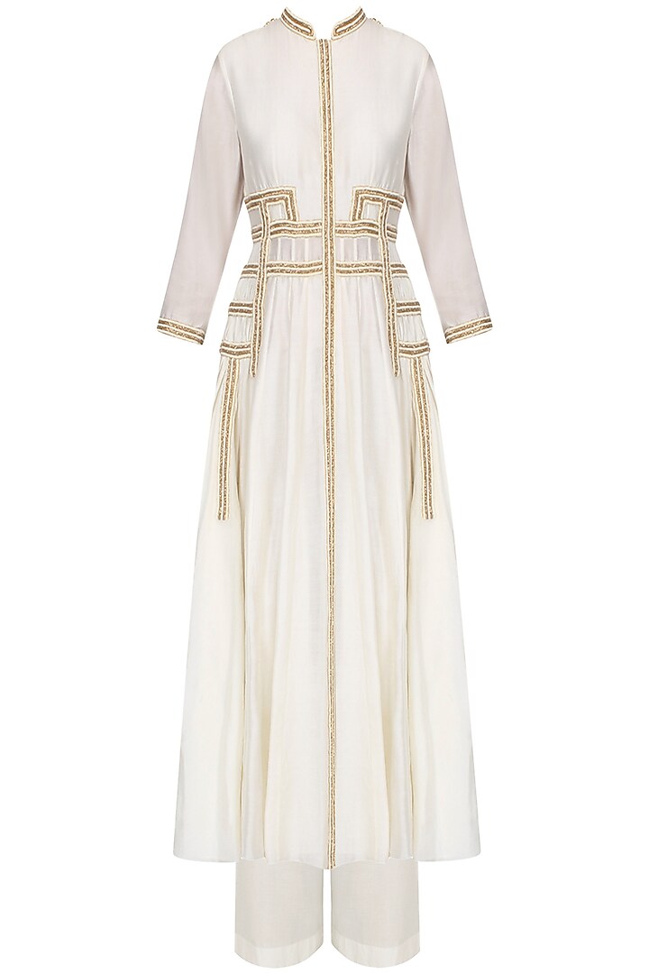 Ivory pearl work afghani jacket with wide leg pants available only at Pernia's Pop Up Shop.