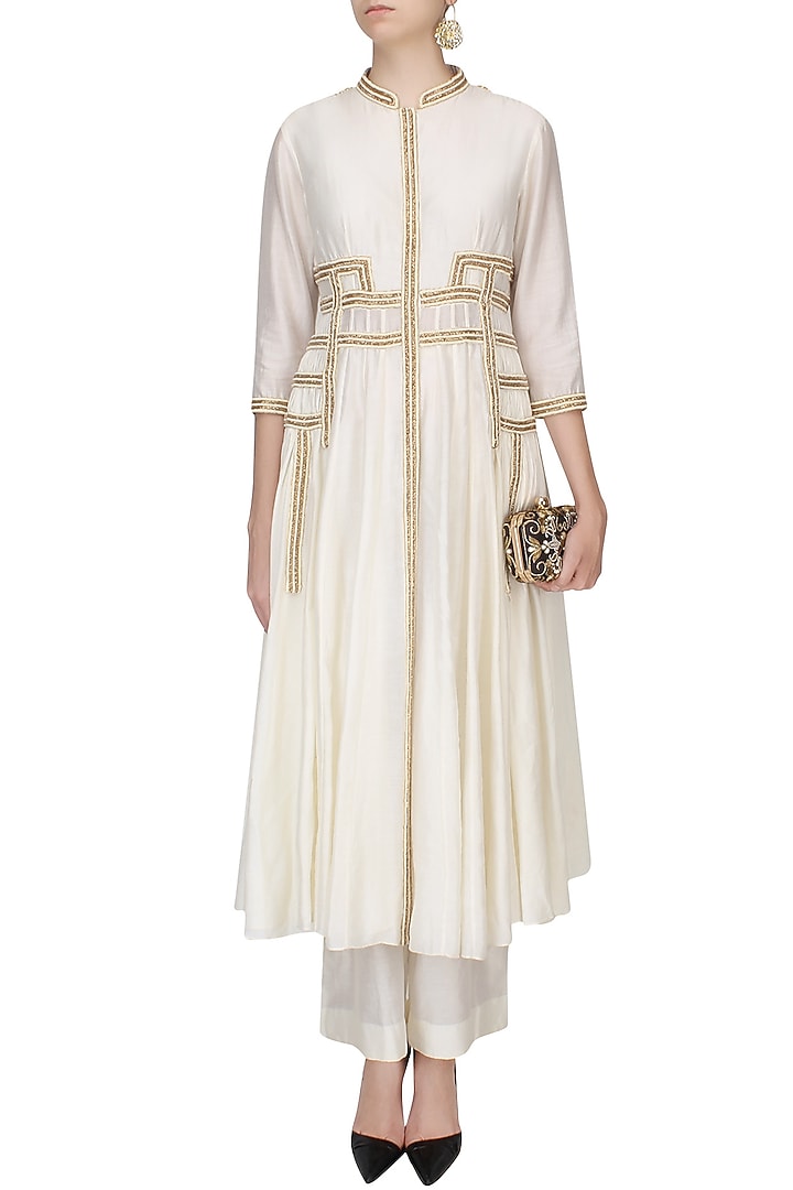 Ivory pearl work afghani jacket with wide leg pants available only at Pernia's Pop Up Shop.