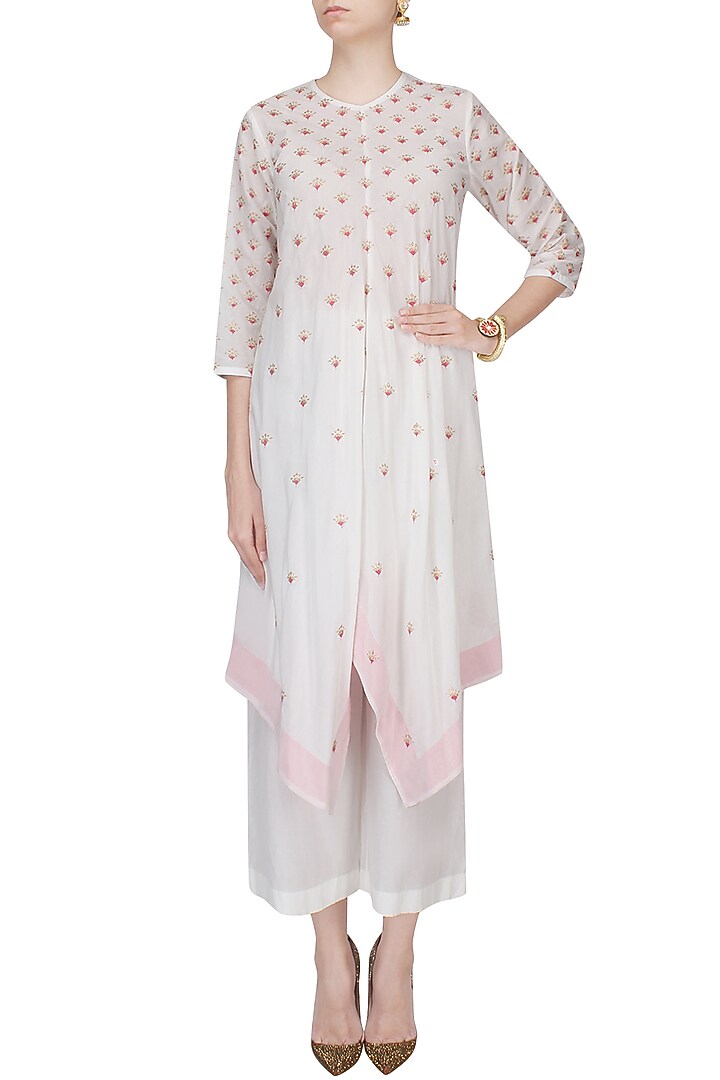 Ivory and pink badla work asymmetric kaftan with wide leg pants available only at Pernia's Pop Up Shop.