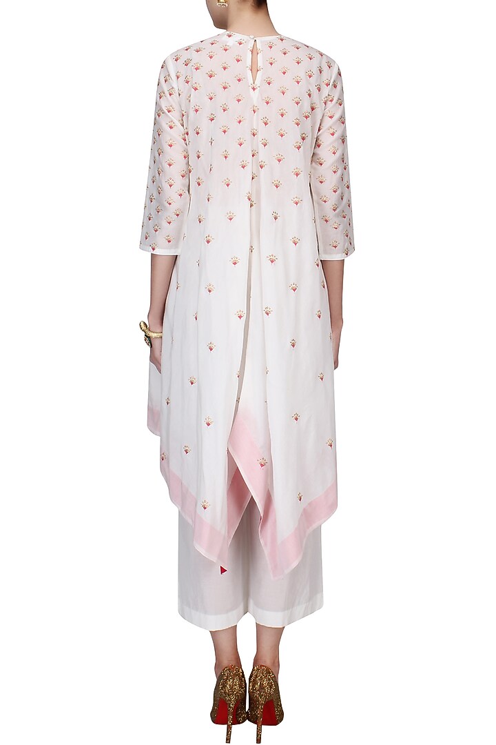Ivory and pink badla work asymmetric kaftan with wide leg pants available only at Pernia's Pop Up Shop.