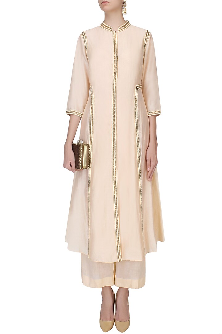 Peach pearl work pleated afghani jacket with wide leg pants available only at Pernia's Pop Up Shop.