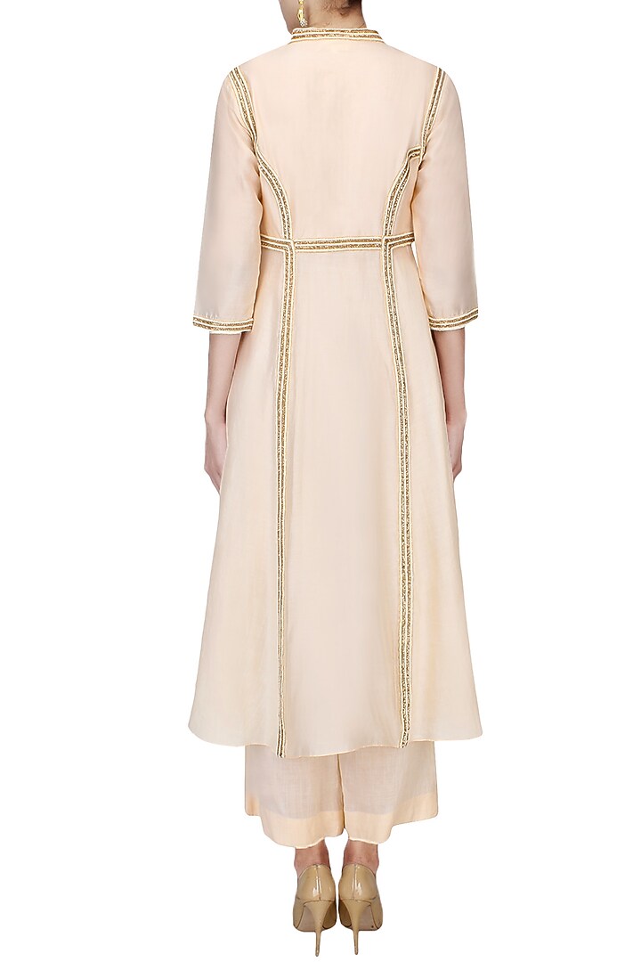 Peach pearl work pleated afghani jacket with wide leg pants available only at Pernia's Pop Up Shop.