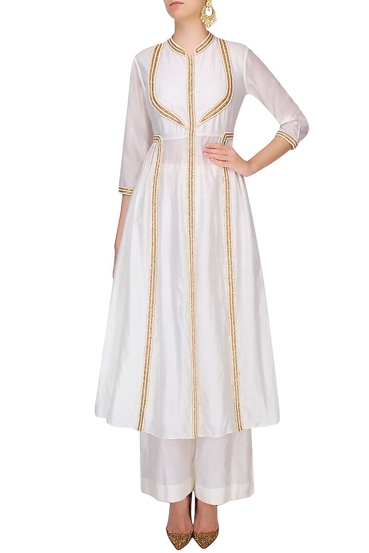 Ivory pearl embroidered pleated afghani jacket with ivory wide leg pants available only at Pernia's Pop Up Shop.