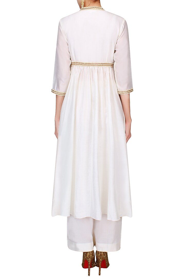 Ivory pearl embroidered pleated afghani jacket with ivory wide leg pants available only at Pernia's Pop Up Shop.