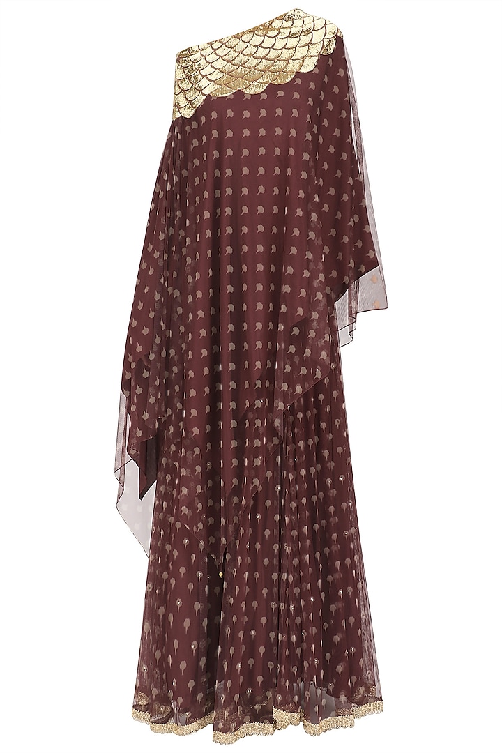 Ox blood handcut motifs and printed lehenga with kaftan top available only at Pernia's Pop Up Shop.