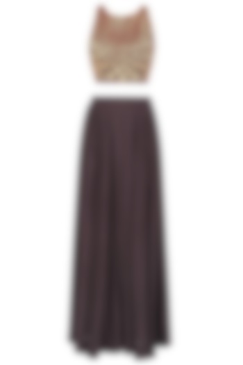 Brown Handcut Motifs Crop Top and Pleated Pants Set by Zoraya
