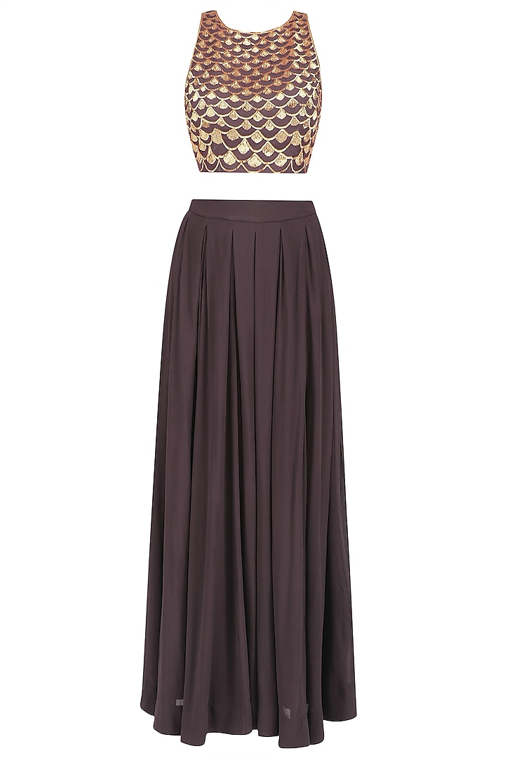 Brown Handcut Motifs Crop Top and Pleated Pants Set by Zoraya