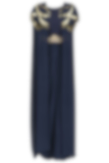 Navy blue handcut motifs front open shrug, crop top and skirt set by Zoraya