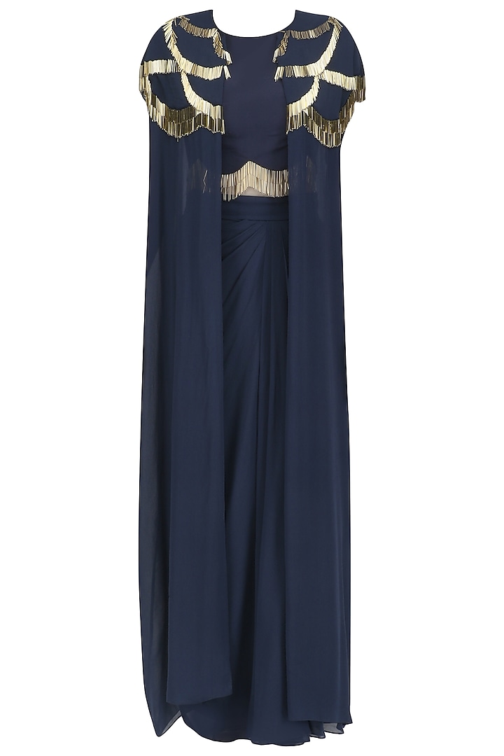 Navy blue handcut motifs front open shrug, crop top and skirt set by Zoraya