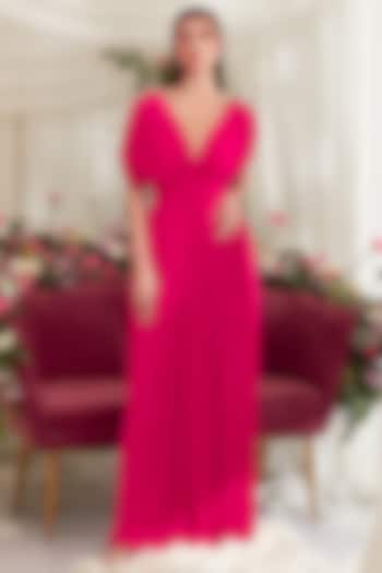 Hot Pink Pleated Jumpsuit In Georgette by Zosia at Pernia's Pop Up Shop