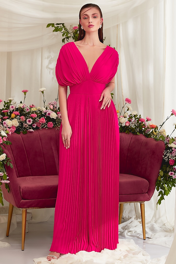 Hot Pink Pleated Jumpsuit In Georgette by Zosia at Pernia's Pop Up Shop