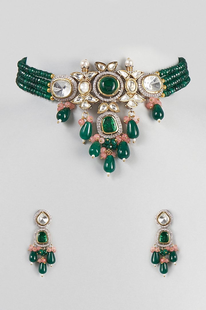 Two Tone Finish Choker Necklace Set With Pink & Green Drops by Zarconn at Pernia's Pop Up Shop