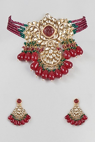 Gold Finish Choker Necklace Set With Ruby Drops by Zarconn