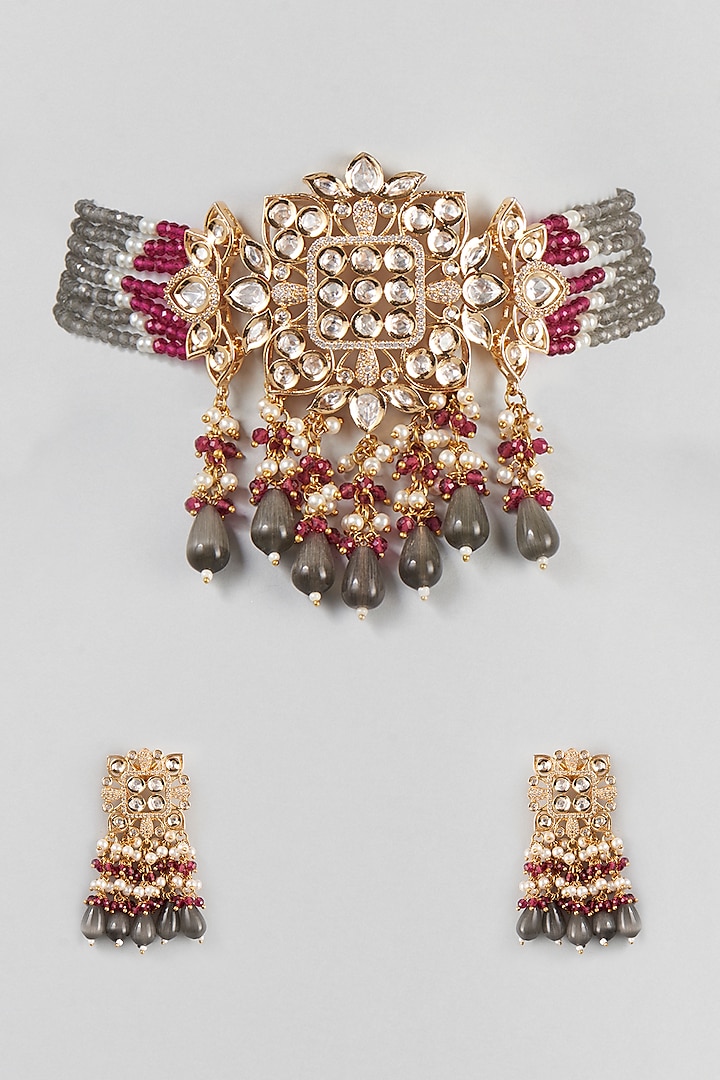 Gold Finish Beaded Choker Necklace Set by Zarconn