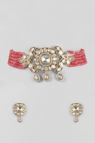 Two Tone Finish Pink Beaded Necklace Set by Zarconn