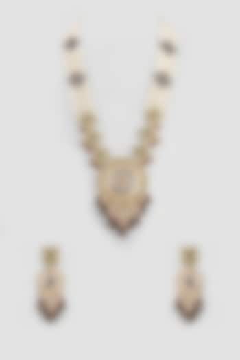 Gold Finish Pearl Long Necklace Set by Zarconn