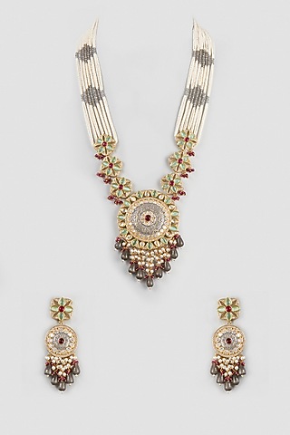 Gold Finish Pearl Long Necklace Set by Zarconn