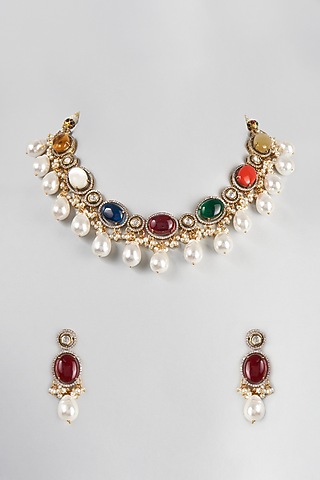 Two Tone Finish Navratan Choker Necklace Set by Zarconn