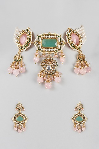 Gold Finish Kundan Choker Necklace Set by Zarconn