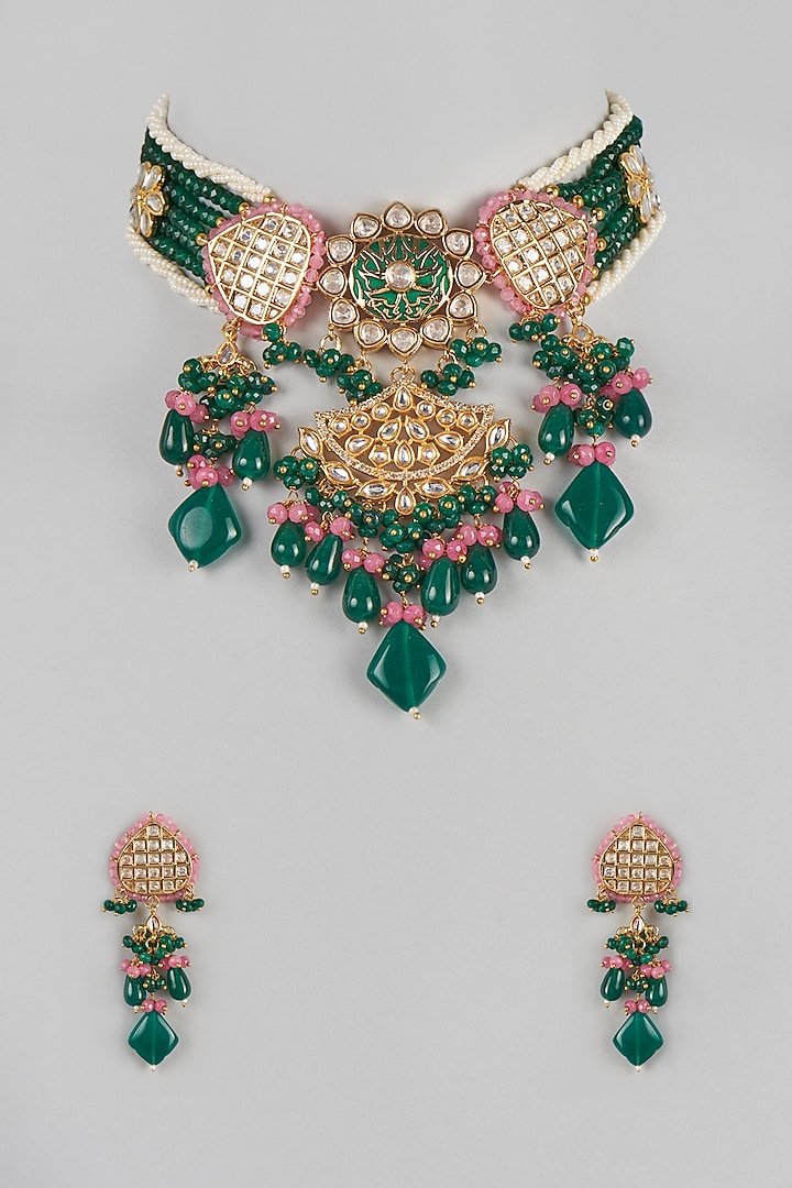Gold Finish Green & Pink Beaded Choker Necklace Set by Zarconn
