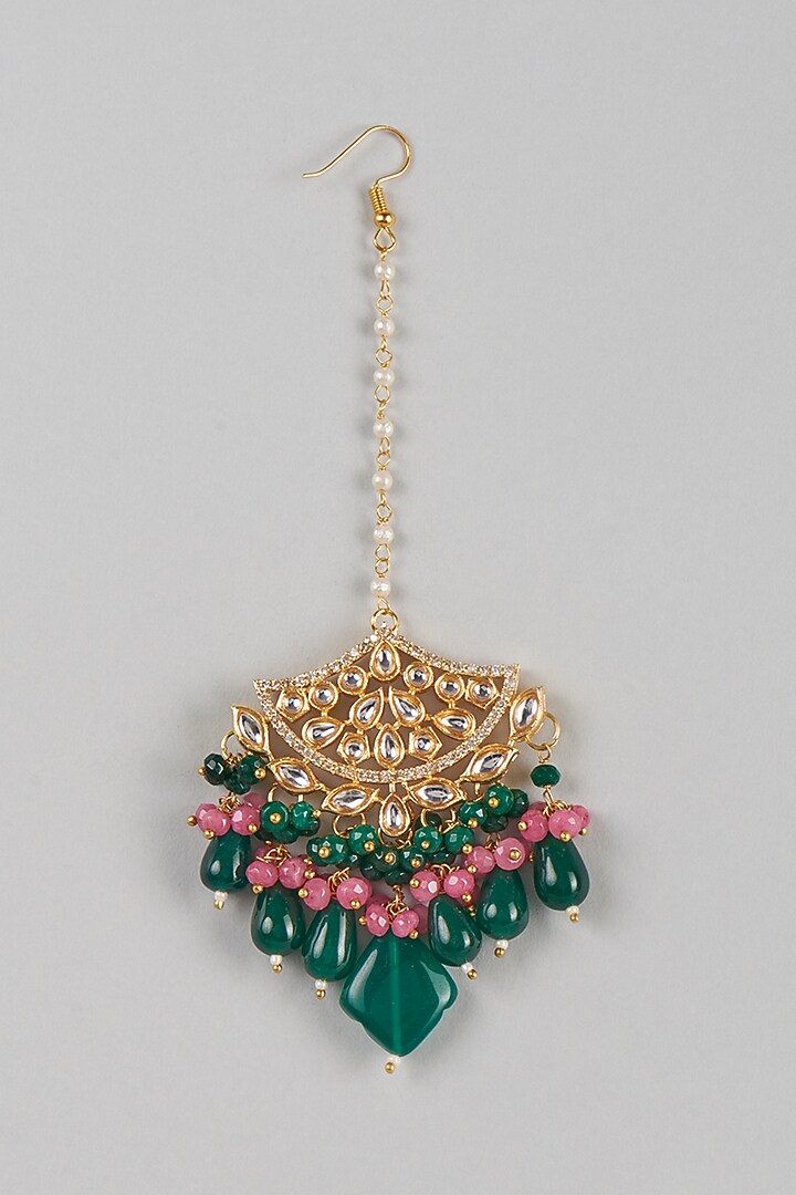 Gold Finish Green & Pink Beaded Choker Necklace Set by Zarconn at Pernia's Pop Up Shop