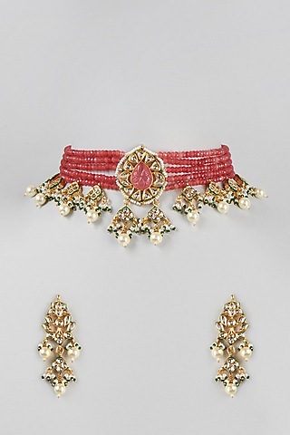 Gold Finish Choker Necklace Set With Pearl Drops by Zarconn