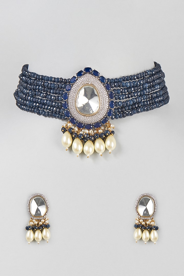 White Finish Blue Beaded Choker Necklace Set by Zarconn at Pernia's Pop Up Shop