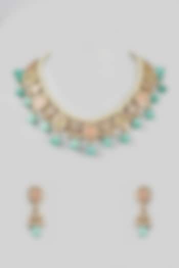 Gold Finish Green & Pink Beaded Necklace Set by Zarconn