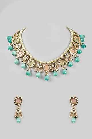 Gold Finish Green & Pink Beaded Necklace Set by Zarconn