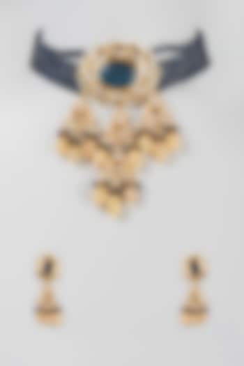 Gold Finish Blue Beaded Choker Necklace Set by Zarconn